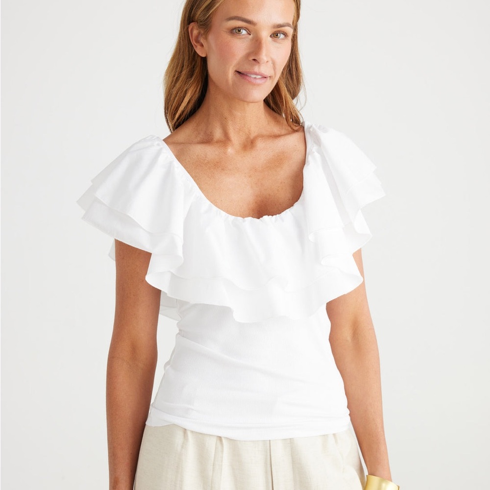 White Flutter Sleeve Ruffled Blouse
